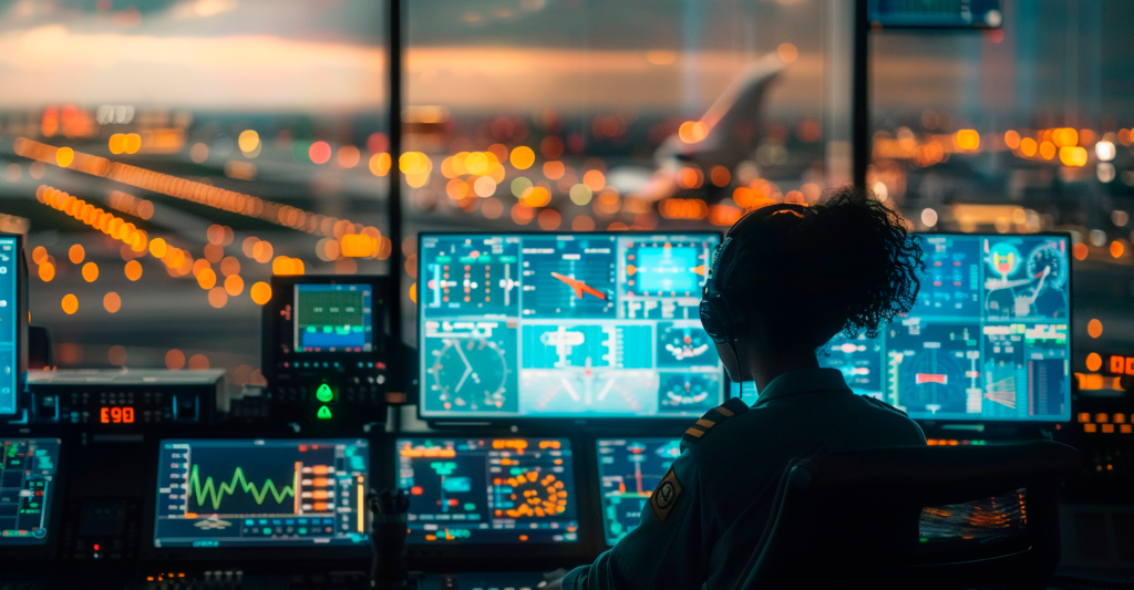 Controladora aérea en torre de control gestionando el tráfico aéreo nocturno con pantallas automatizadas