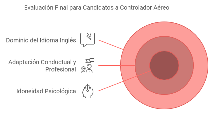 Gráfico de la evaluación final para candidatos a controlador aéreo en España que muestra tres áreas de evaluación: dominio del idioma inglés, adaptación conductual y profesional, e idoneidad psicológica.