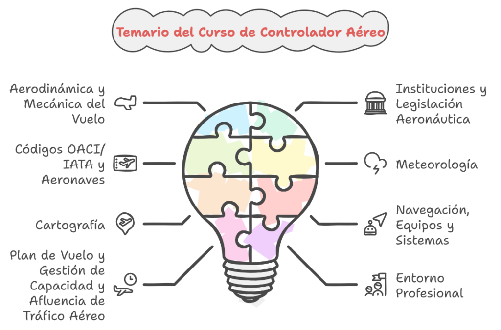 Temario curso controlador aéreo con temas clave como aerodinámica, meteorología, navegación y legislación aeronáutica.