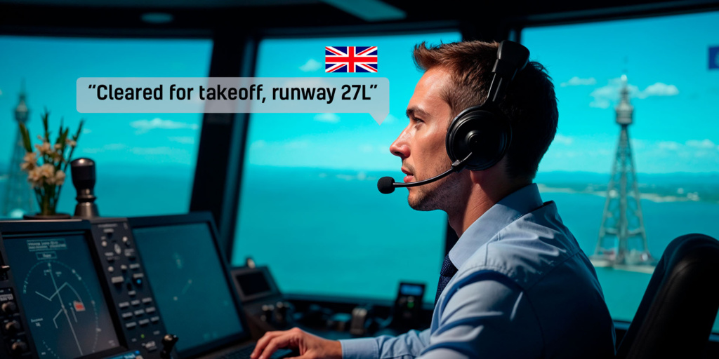 Controlador aéreo masculino en la torre de control comunicándose en inglés. El texto superpuesto muestra la frase 'Cleared for takeoff, runway 27L' y la bandera del Reino Unido, resaltando el uso del inglés en las comunicaciones aéreas.