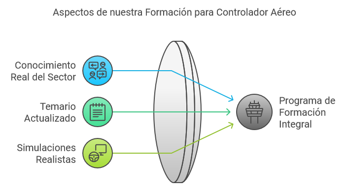 Diagrama que muestra los aspectos principales de la formación para controlador aéreo: conocimiento real del sector, temario actualizado y simulaciones realistas, integrados en un programa de formación integral.