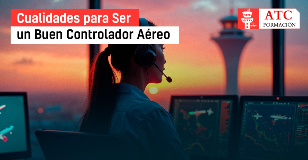 Controladora aérea observando pantallas de radar en la torre de control al atardecer. El título 'Cualidades para Ser un Buen Controlador Aéreo' y el logotipo de ATC Formación están superpuestos en la imagen.