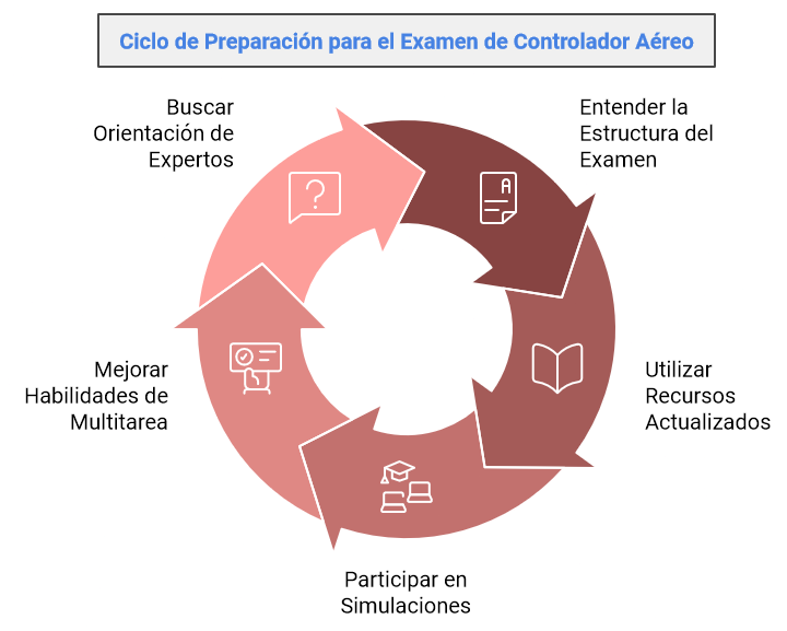 Infografía sobre las habilidades clave evaluadas en el examen para controlador aéreo, como multitarea, memoria y manejo del estrés.