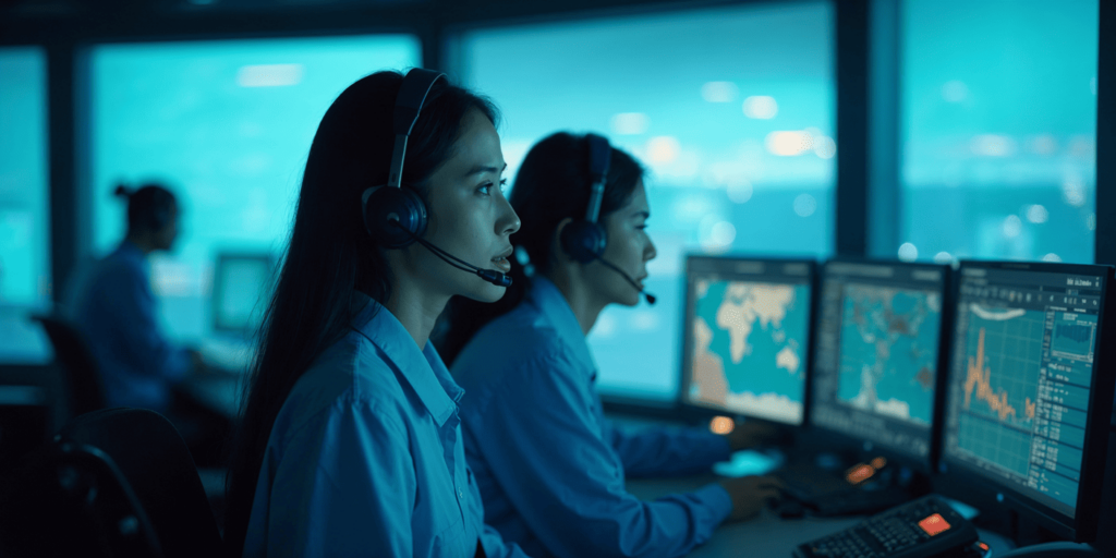 Controlador aéreo trabajando en un centro de control de tráfico aéreo, con múltiples pantallas y equipo especializado.