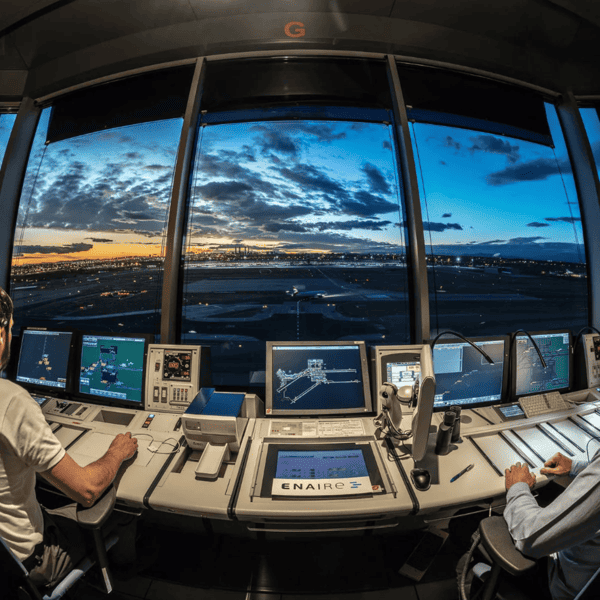 Formación avanzada de controlador aéreo en torre de control durante operaciones de tráfico en el atardecer