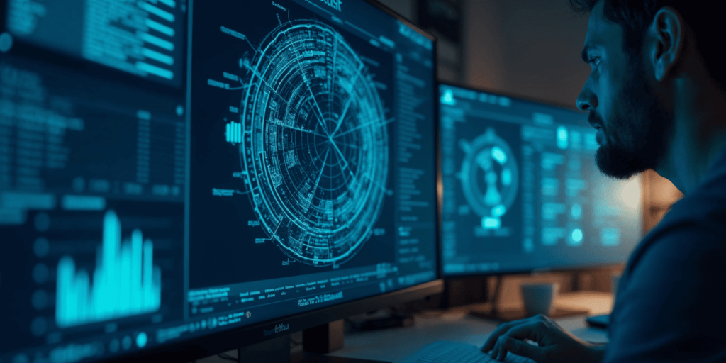 Simulación del test FEAST para controlador aéreo en una computadora, mostrando el radar y opciones de respuesta en pantalla.