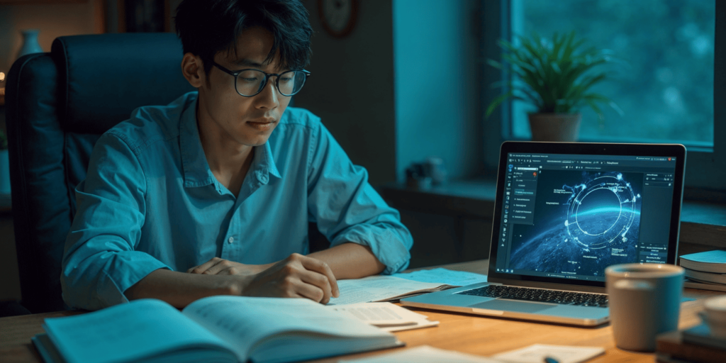 Estudiante preparando el examen de controlador aéreo con materiales de estudio y un simulador en línea en su computadora.